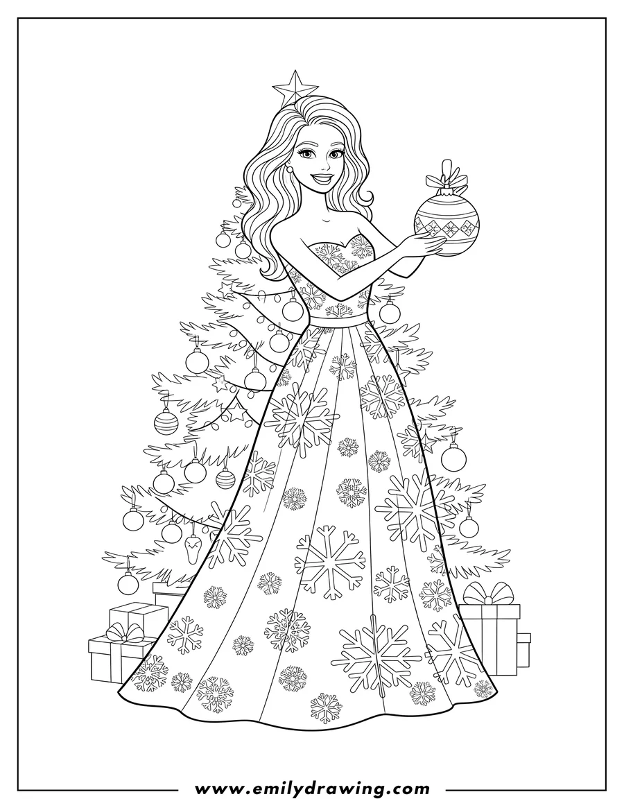 Clean line drawing: barbie smiling and holding a Christmas ornament to hang on the Christmas tree, wearing a snowflake dress