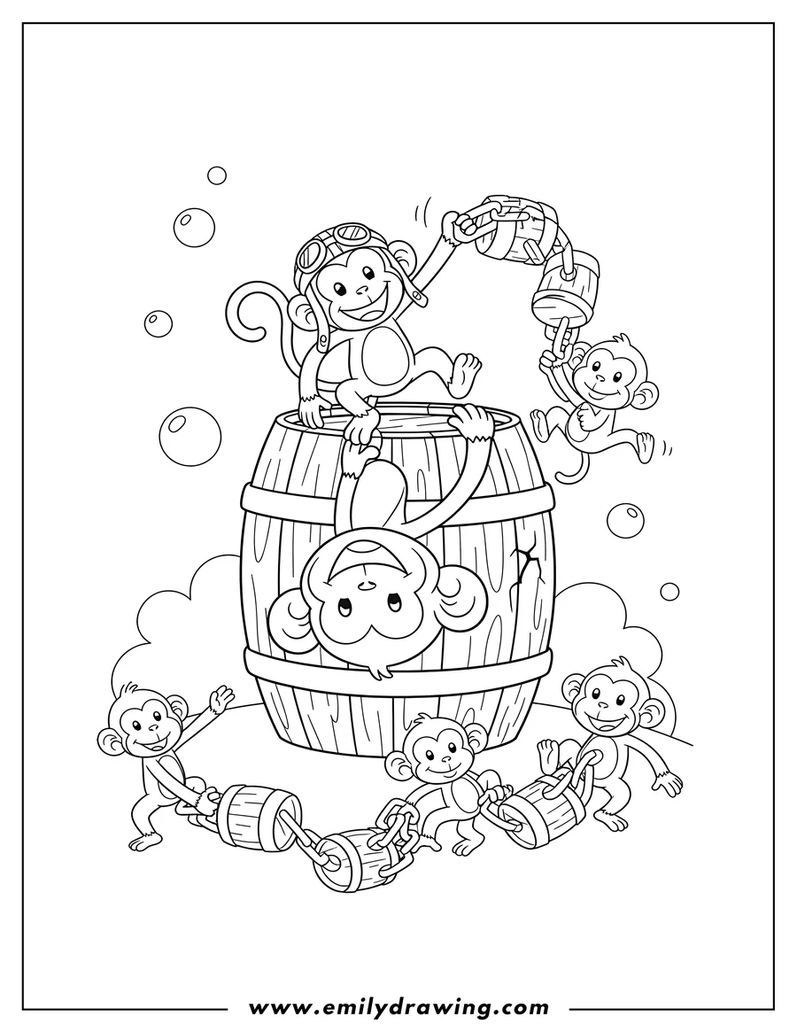 Printable line art of barrel Monkeys playing