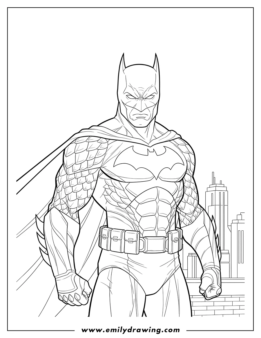 Coloring sheet featuring batman Scaled, with pointed ears and an intense gaze