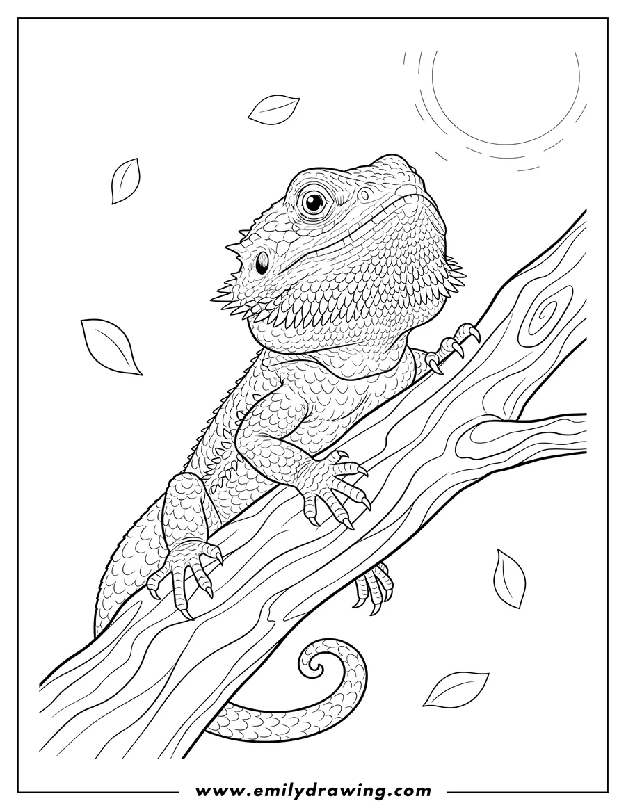 PDF style coloring page: bearded Dragon with spiky beard looking up while climbing a tree branch