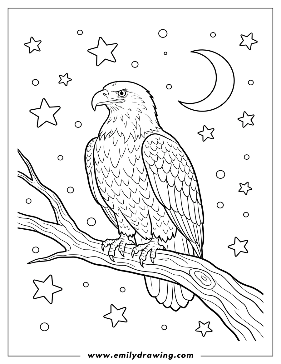 Coloring page for kids: A beautiful Bald Eagle perched on a tree branch, resting on a starry night