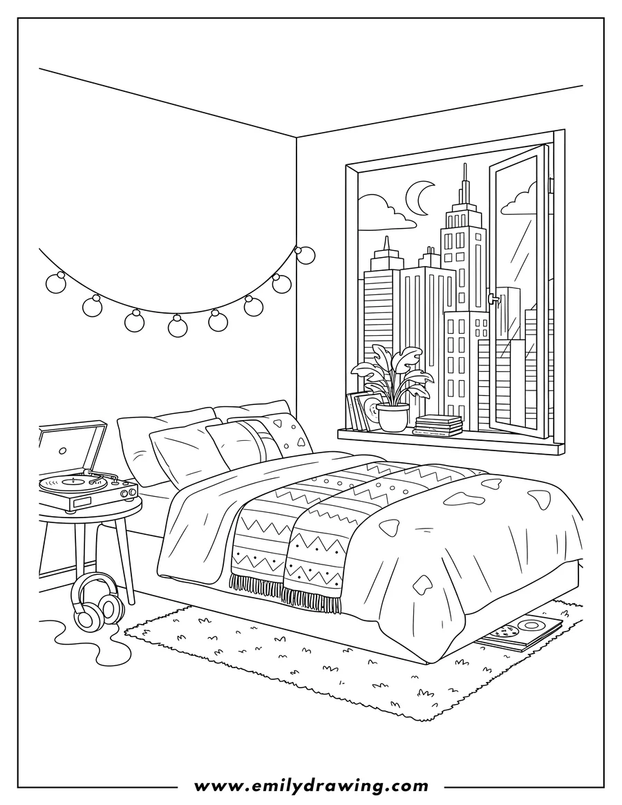 Coloring page for kids: lofi Aesthetic Bedroom with Vintage Turntable, String Lights, and View of Skyscrapers