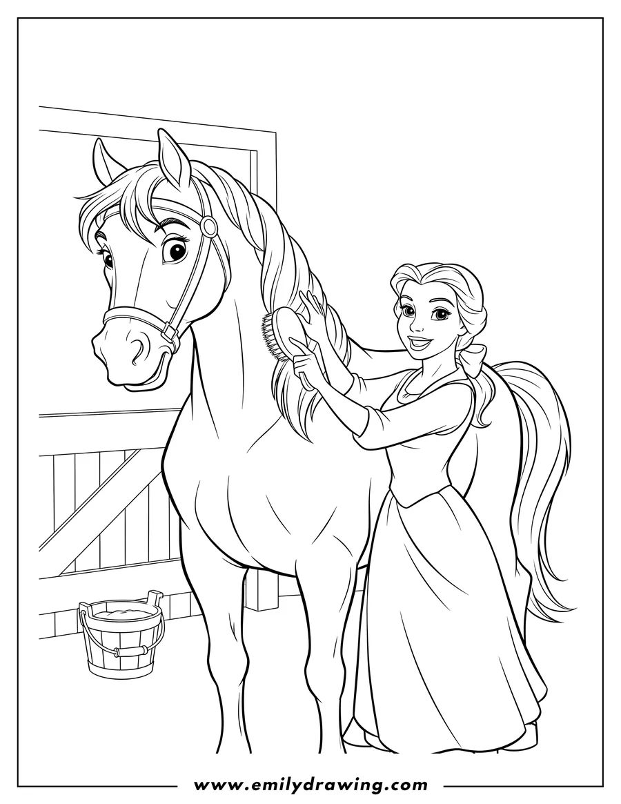 Coloring sheet featuring belle Brushing Her Horse Phillipe To Color Scaled, with Belle smiling and Phillipe wearing a bridle