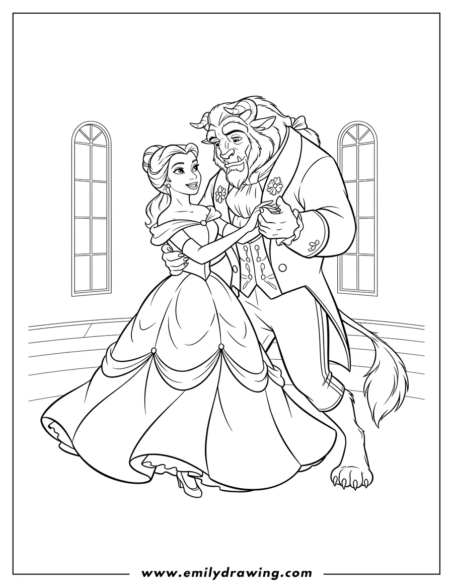 Linear illustration of belle With Beautiful Dress Dancing With Beast Scaled, holding hands and looking at each other, with Belle smiling