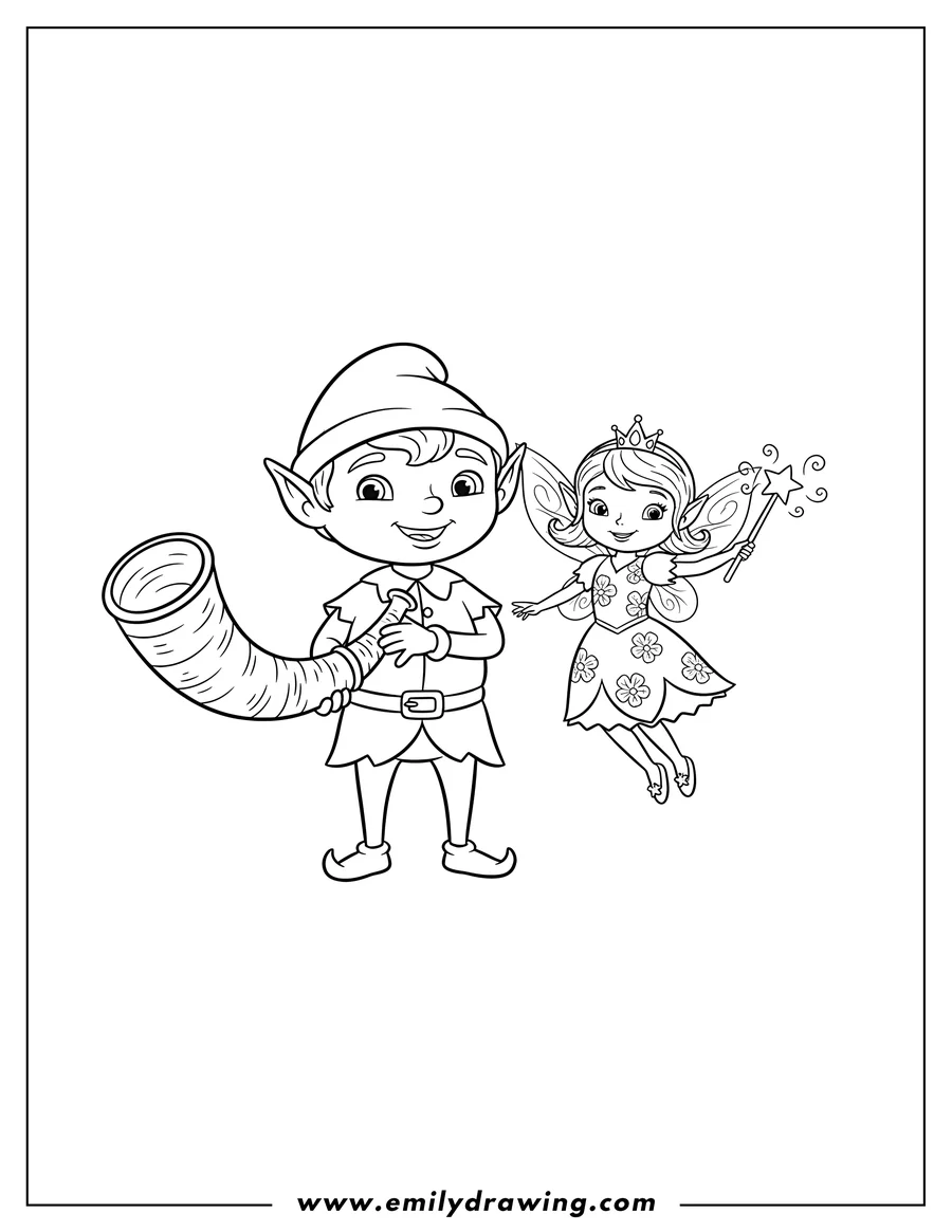 Outline drawing of ben Elf holding a horn and Fairy Princess Holly with her magic wand