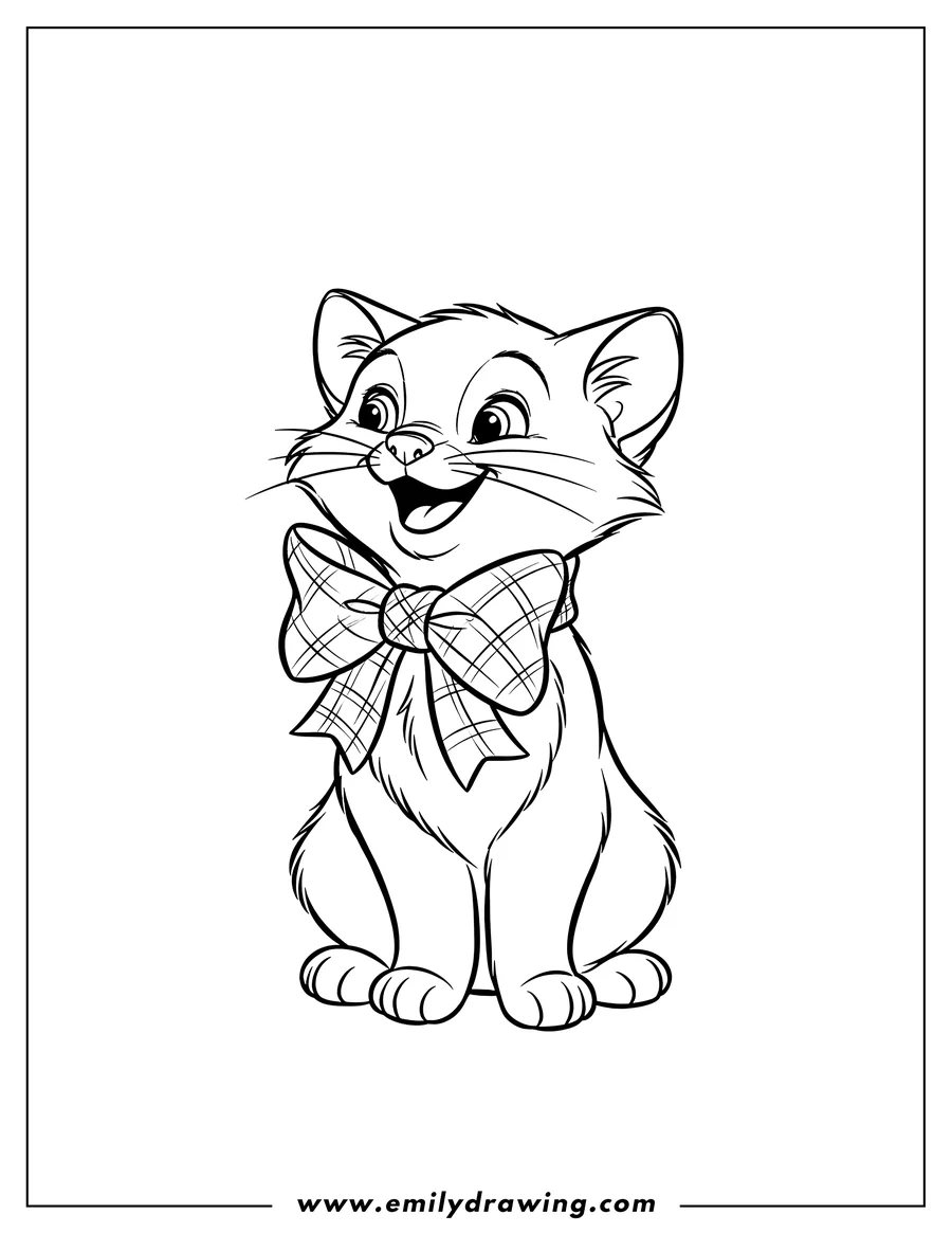 Coloring sheet featuring berlioz the kitten sitting, smiling, and looking up while wearing a bow