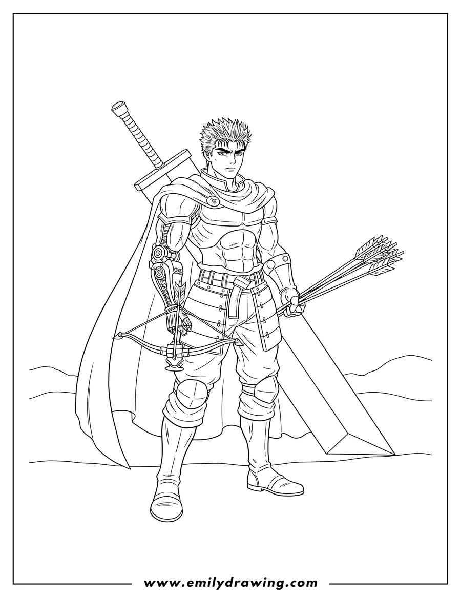 PDF style coloring page: berserk Guts With Long Cape, prosthetic arm crossbow, and holding arrows