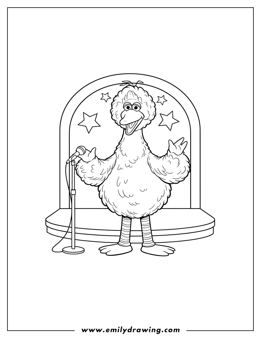 Linear illustration of big Bird smiling on stage