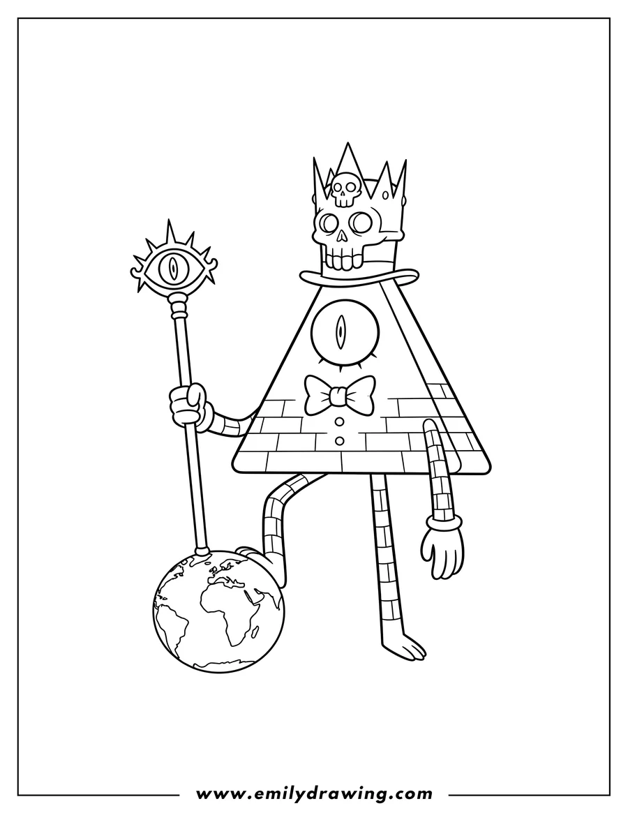 Black and white line art of evil Bill Cipher wearing a skull crown and holding a scepter resting on a globe