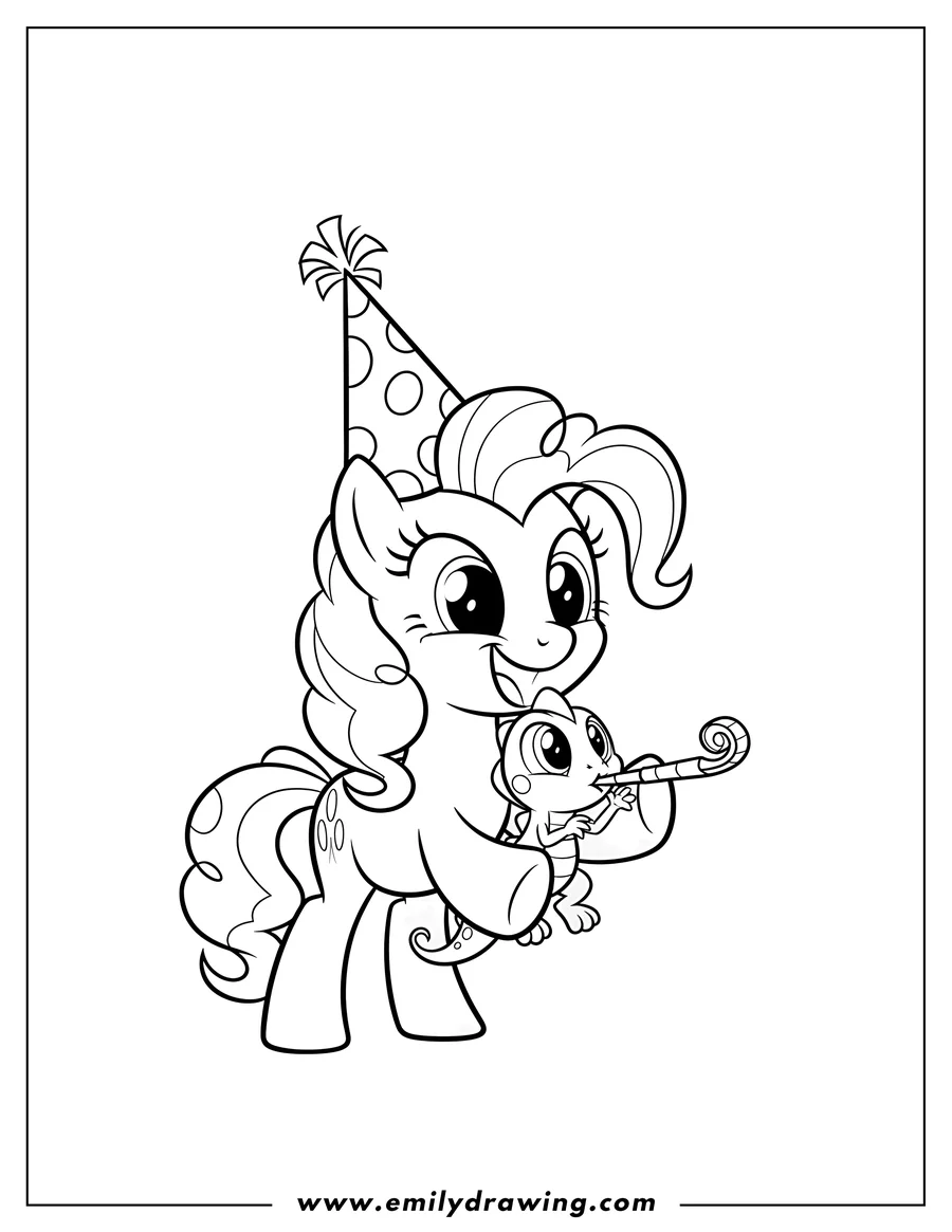 Coloring page for kids: birthday Girl Pinkie Pie wearing a party hat and a big smile, hugging her lizard who is blowing a party blower