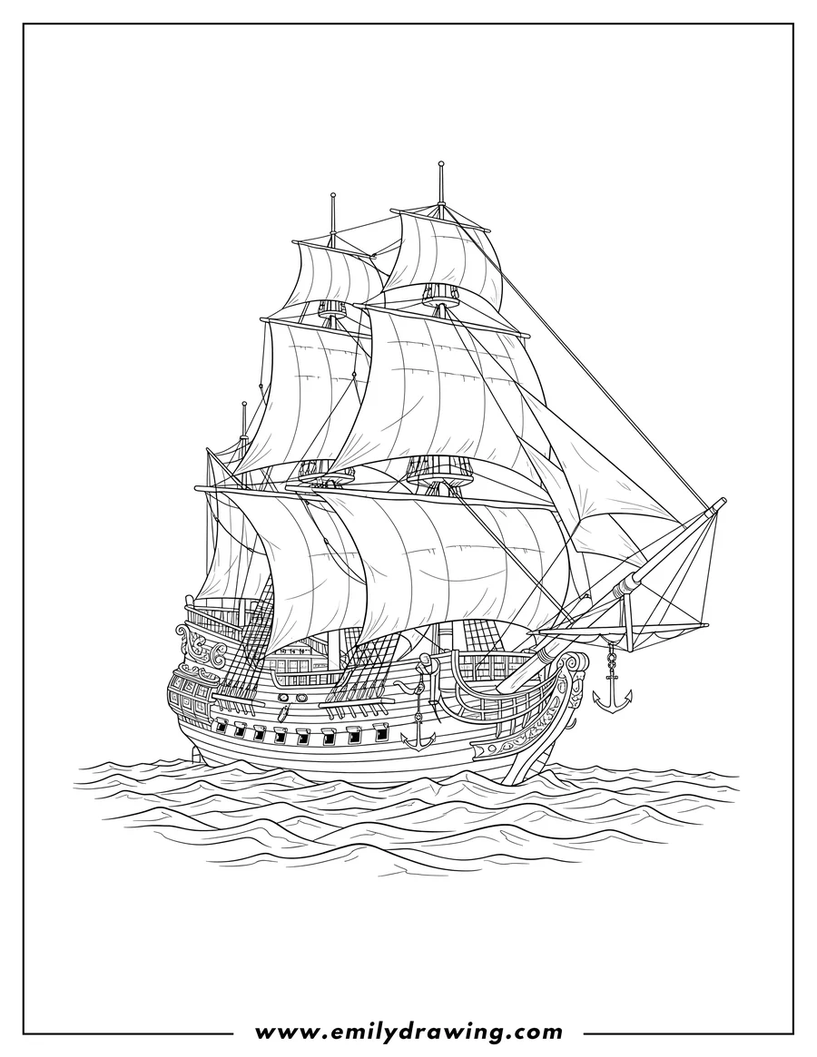 Free to print drawing of black Pearl Pirate Ship Scaled with intricate rigging and a decorative stern, on wavy water