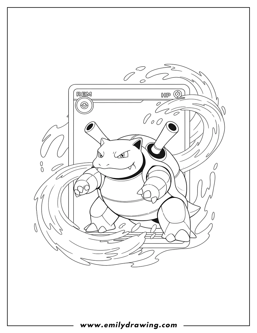 PDF style coloring page: blastoise firing water from its cannons on a Pokemon card coloring page