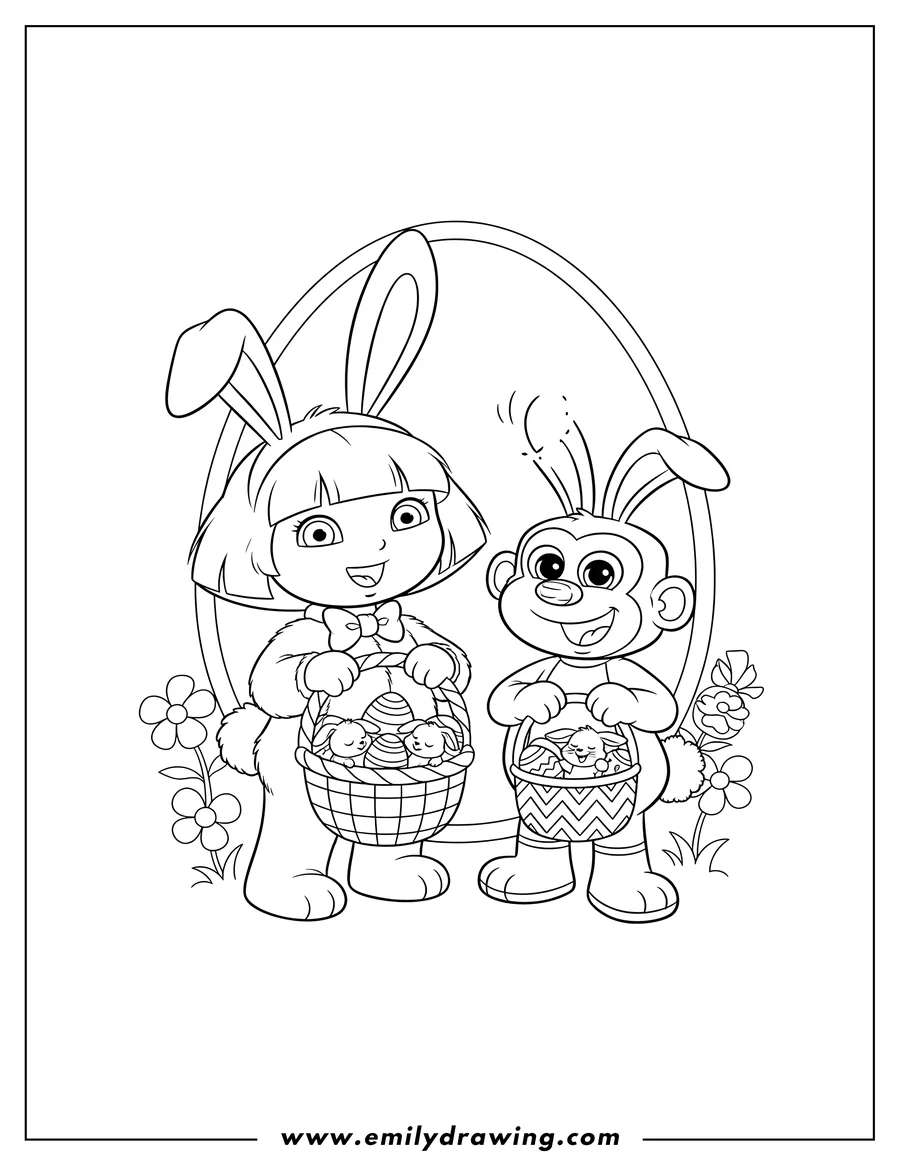 Downloadable coloring page of boots and Dora dressed as bunnies, holding Easter baskets with eggs and baby bunnies