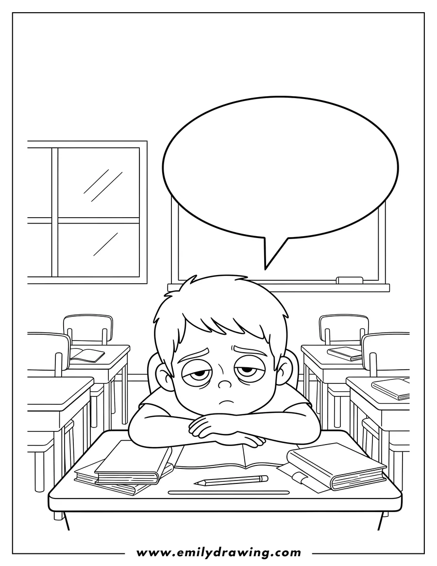 Outline drawing of bored Little Boy resting head on arms in classroom, with 'BORED' speech bubble