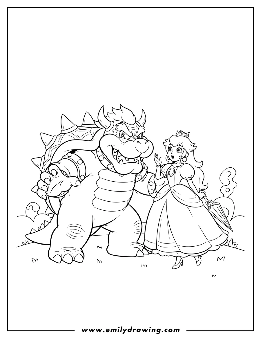 Linear illustration of bowser and Princess Peach facing each other, Bowser is large and Peach is looking up