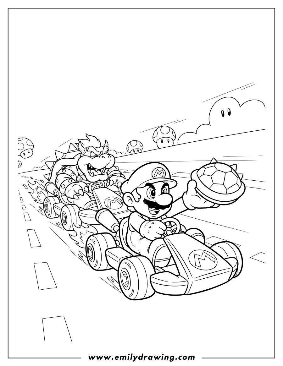 PDF style coloring page: bowser chasing Mario in karts, Mario in the lead looking back, with a turtle shell, To Color