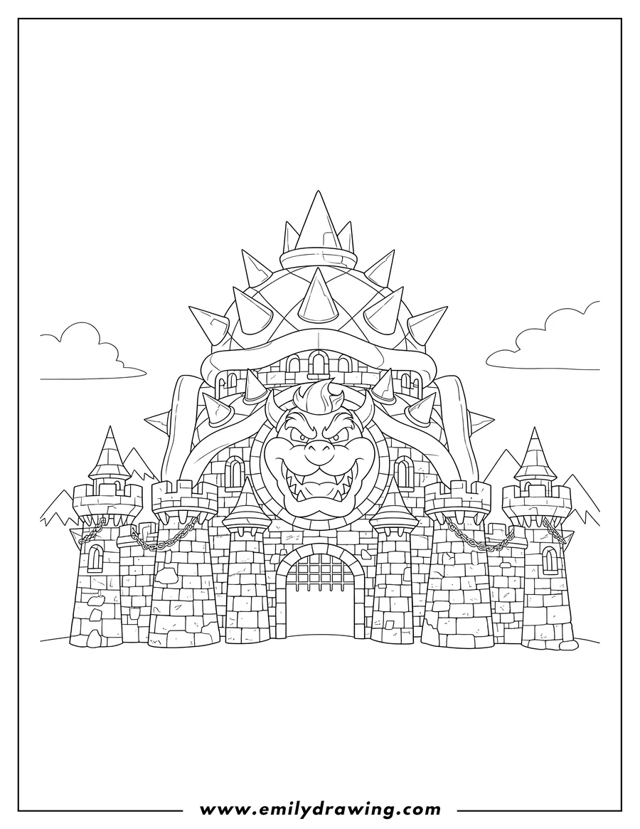 High quality printable bowsers Castle To Color with Bowser's face emblem and a spiky shell dome for coloring