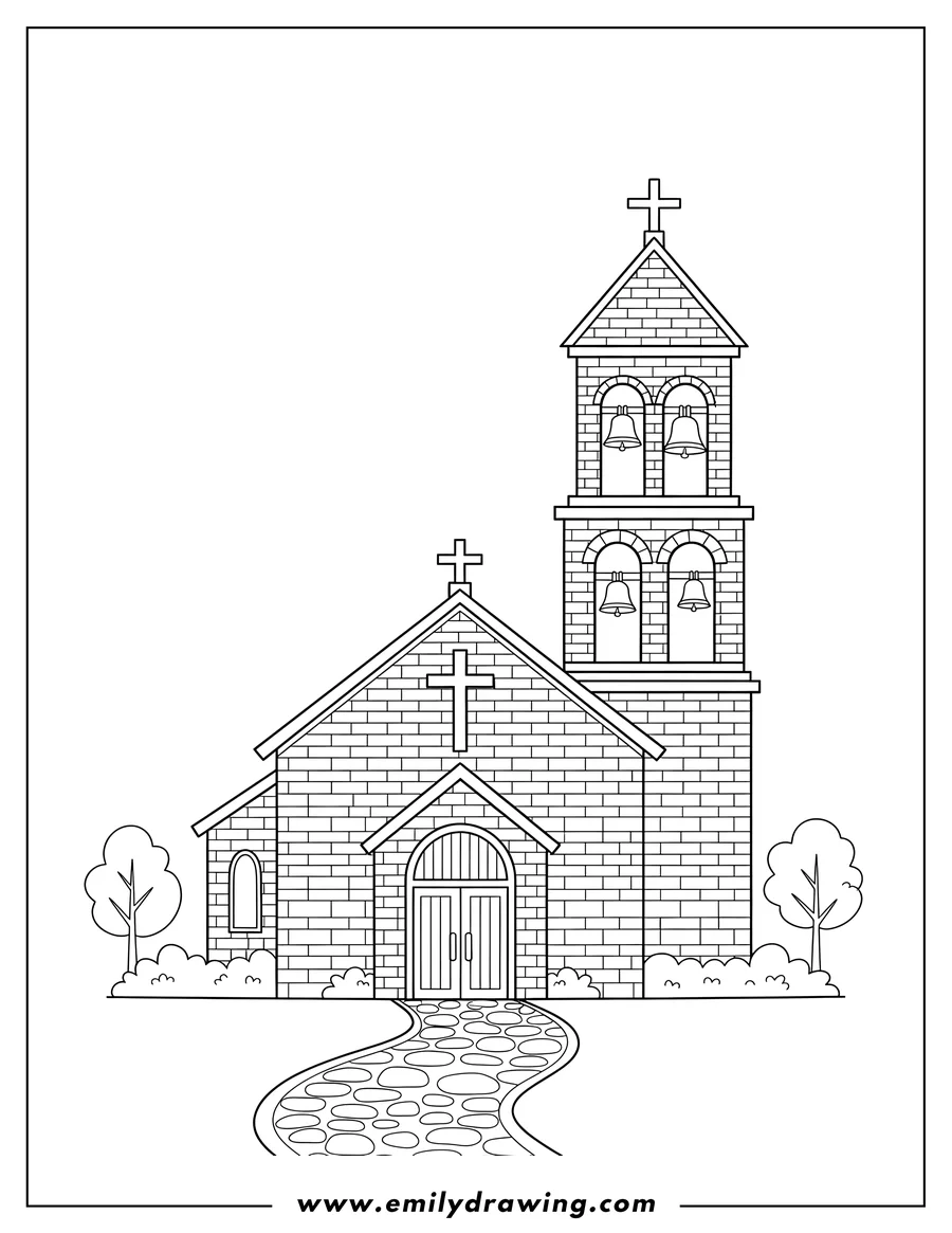 Full page coloring image of brick Church Building With Crosses And Bell Tower, with a path and visible bells