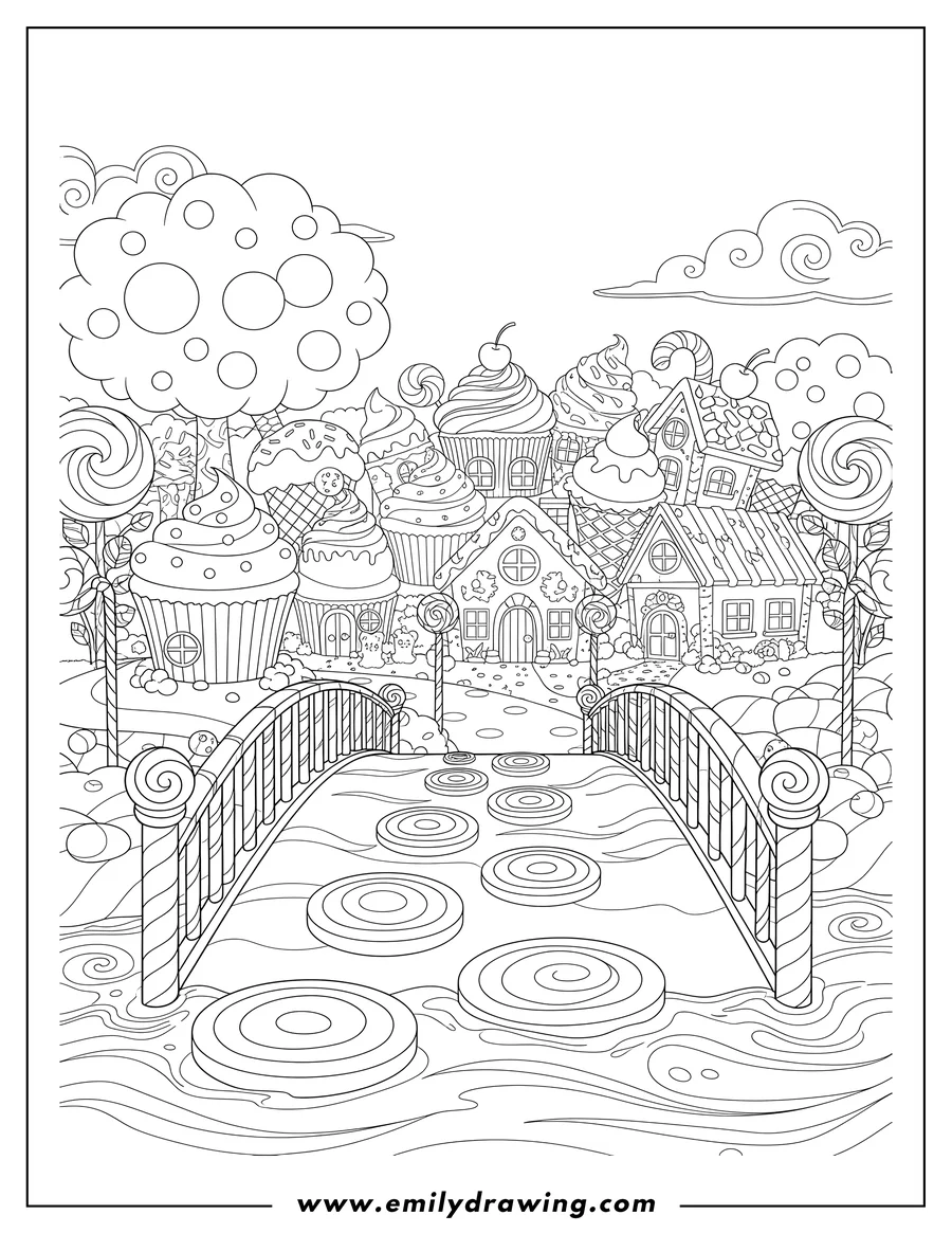 Printable line art of bridge To Candy Land Village with cupcake houses and candy cane railings