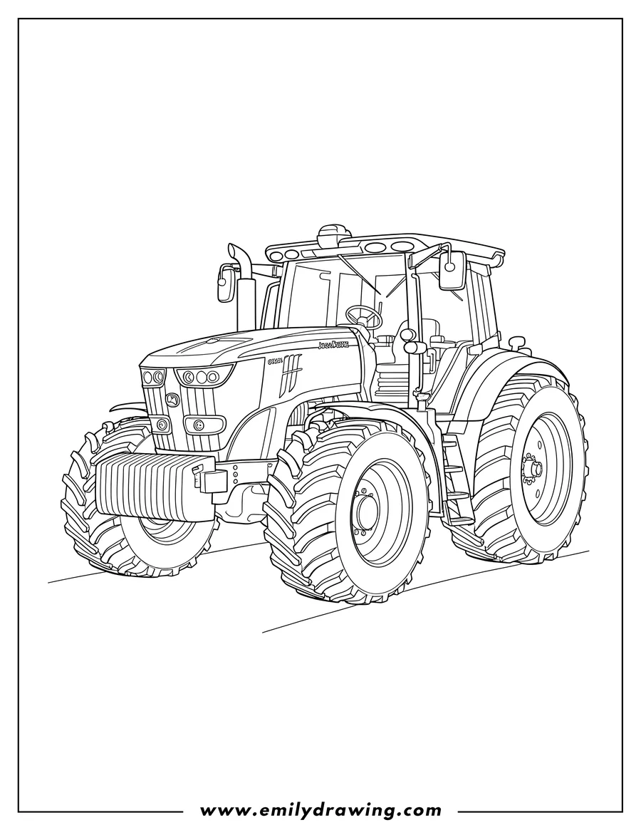 Coloring sheet featuring britains John Deere 6195M Tractor, front-side view