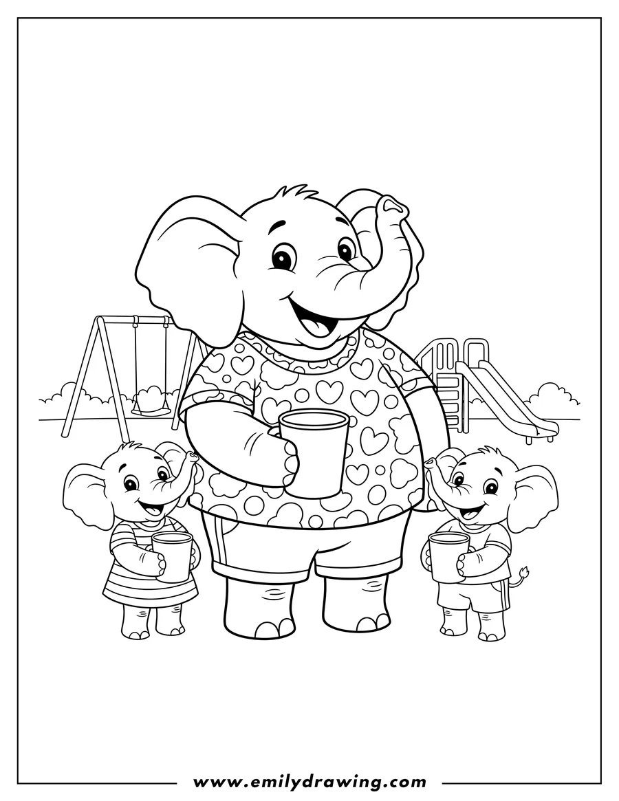 Free to print drawing of bubba Bubbaphant Preschoolers smiling widely and holding a cup