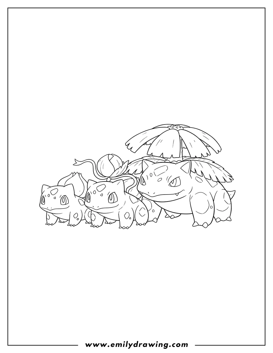 Linear illustration of bulbasaur, Ivysaur, and Venusaur evolution grouped together