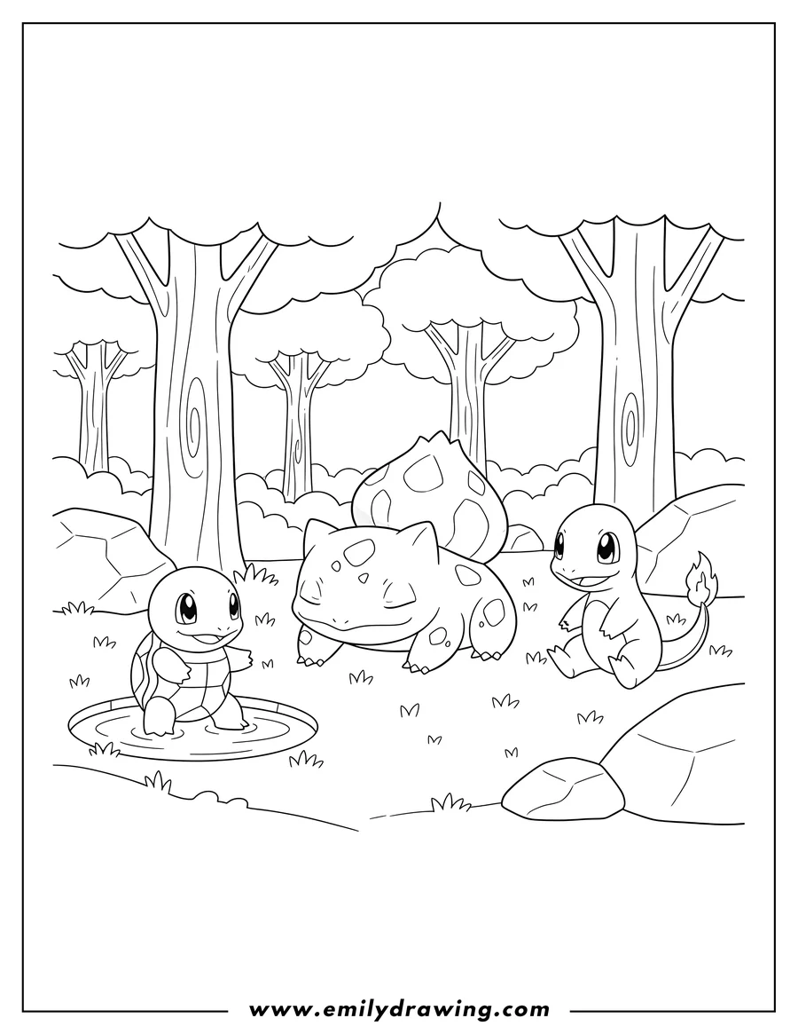 High quality printable bulbasaur resting with Charmander sitting and Squirtle in a forest for coloring