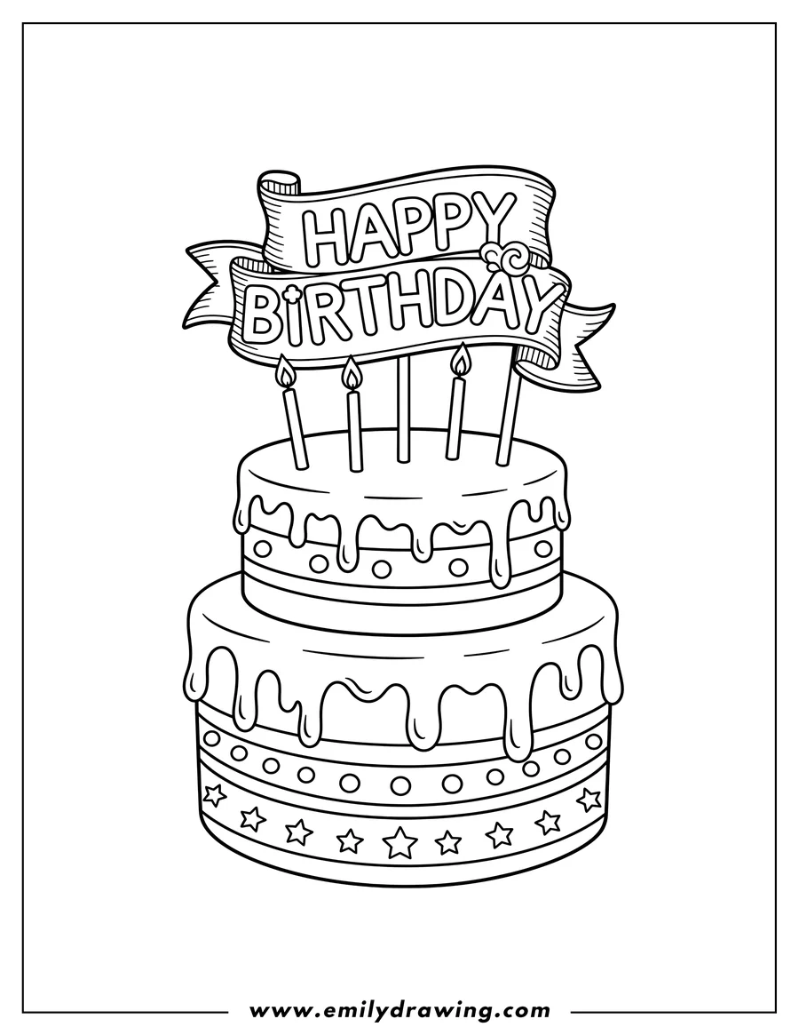 Free printable coloring sheet of cake With Happy Birthday Topper, three candles, and dripping frosting