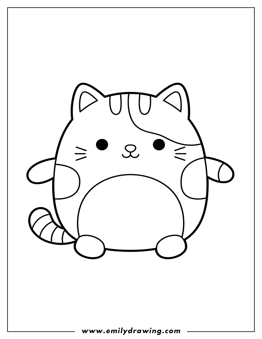 Coloring sheet featuring cameron Cat Squishmallow, cute outline with patches