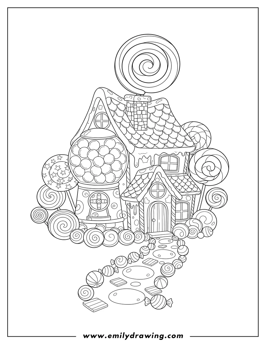 Simple sketch of candyland House With Gumball Dispenser Tower, surrounded by lollipops and a candy path to color
