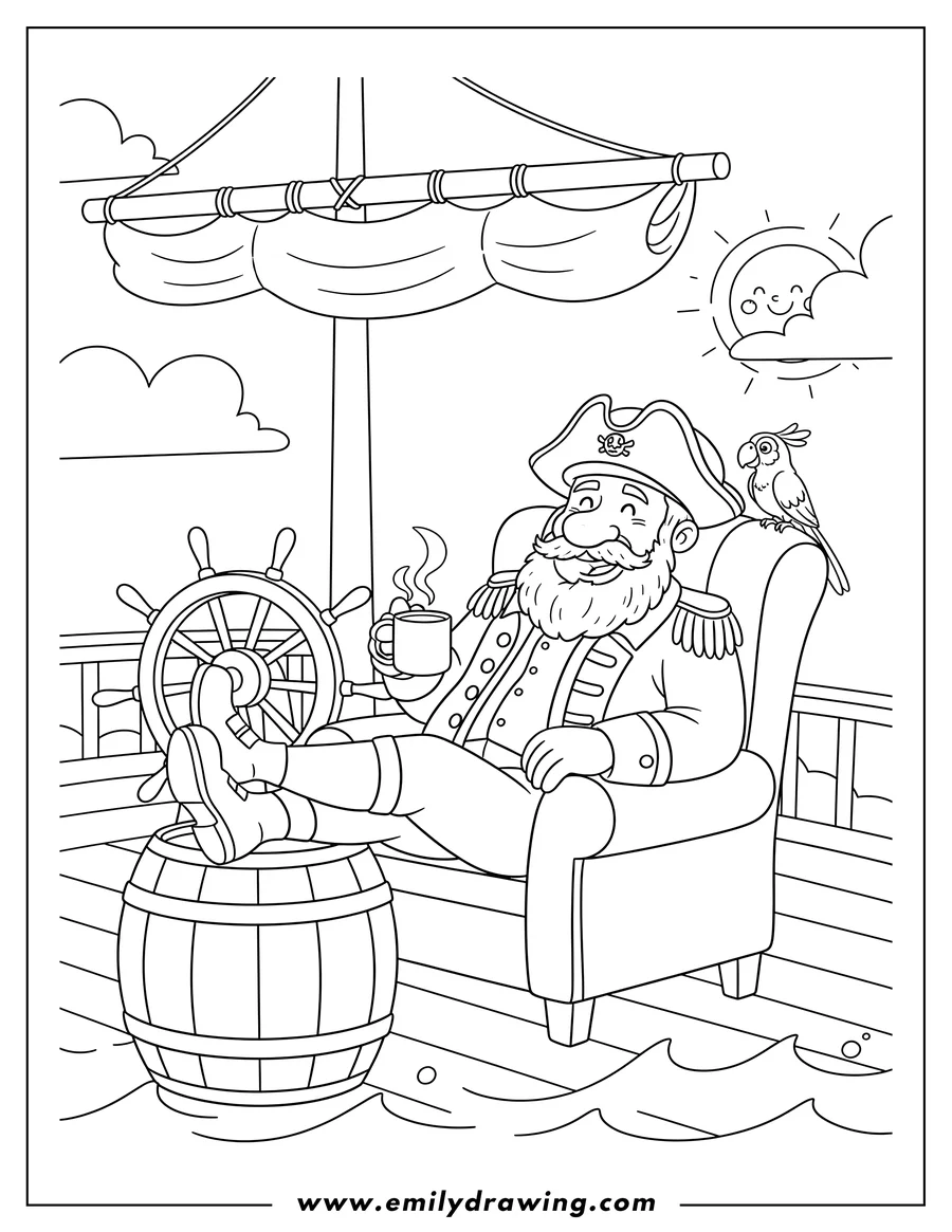 Full page coloring image of captain B Mccrea on his ship, relaxing with his feet up and holding a cup