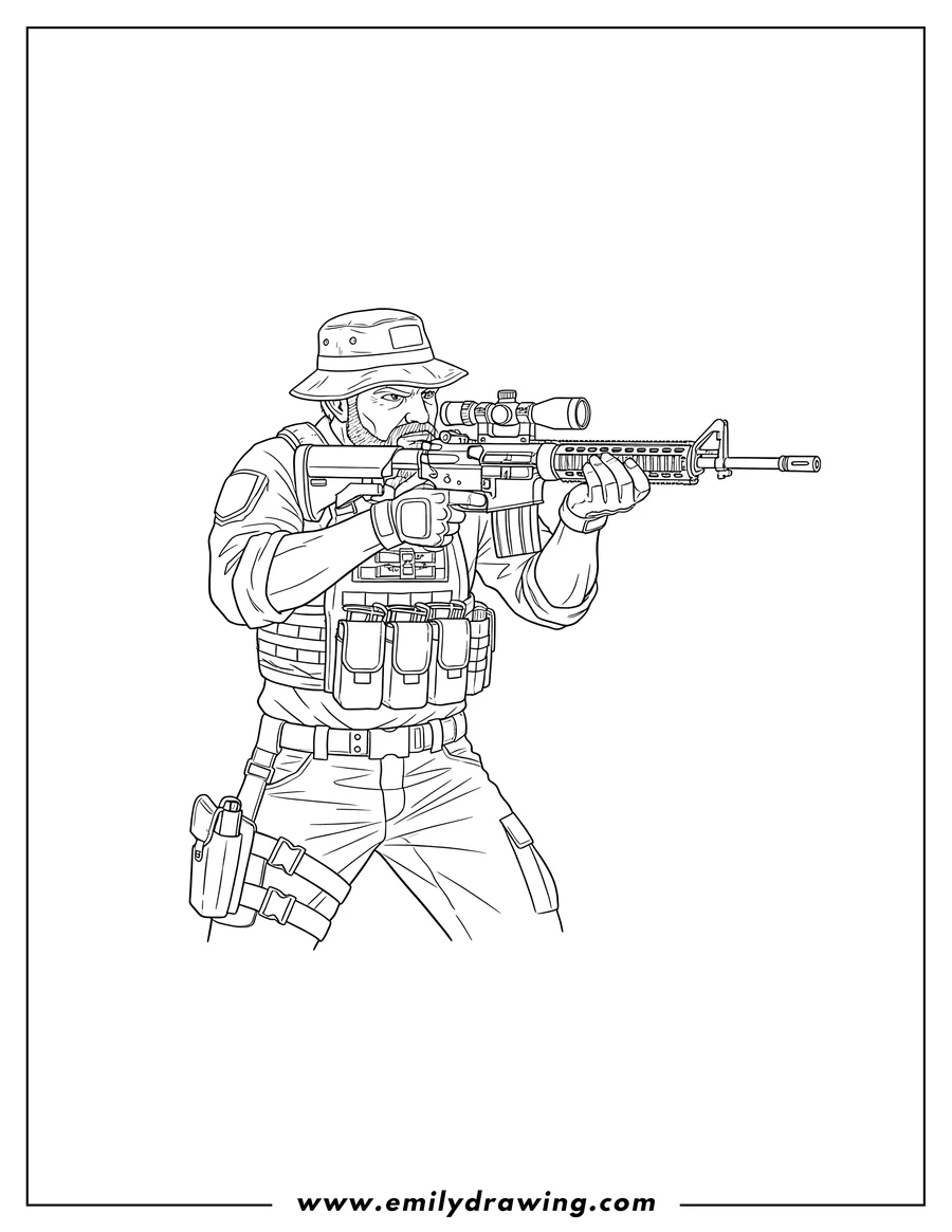 Full page coloring image of captain Price from Call of Duty Modern Warfare aiming a scoped rifle