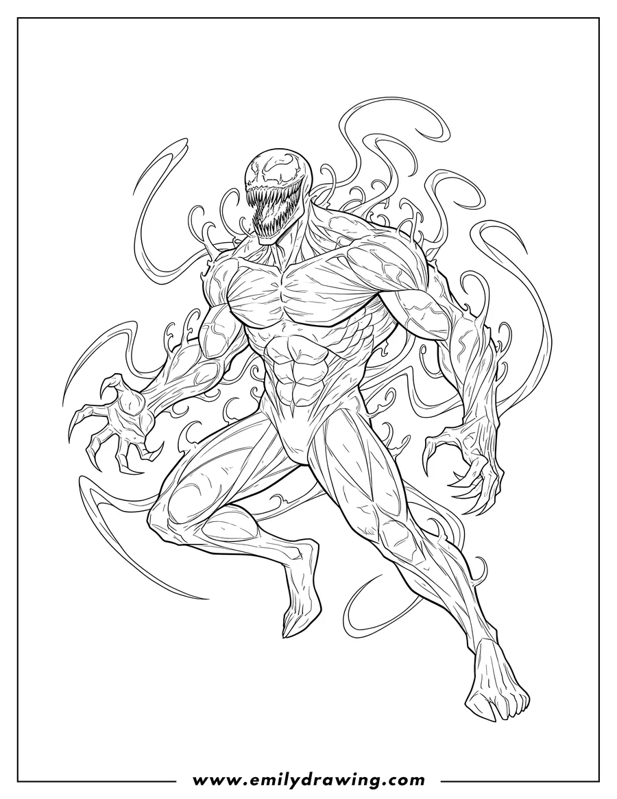 High quality printable carnage Iconic Pose with jagged teeth and swirling symbiote for coloring