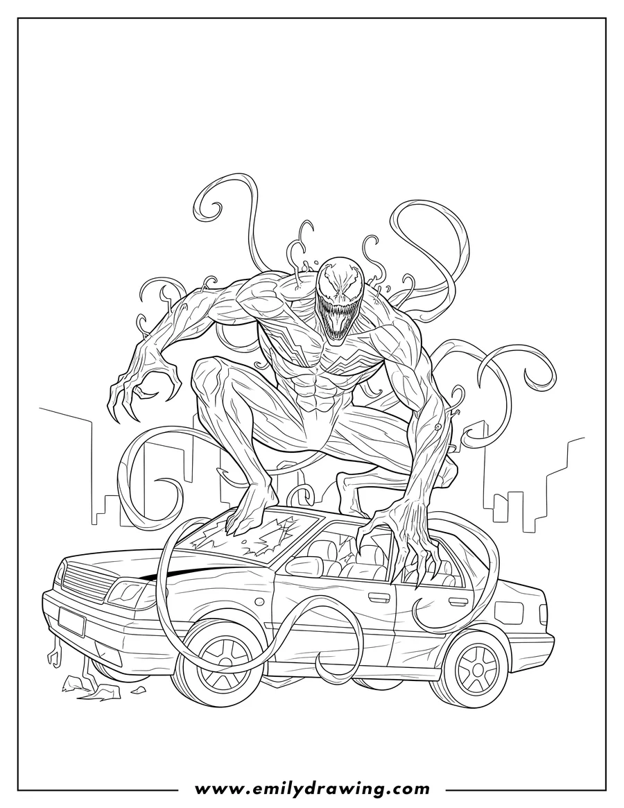 Linear illustration of carnage roaring, crouching with sharp claws and tendrils on top of a car