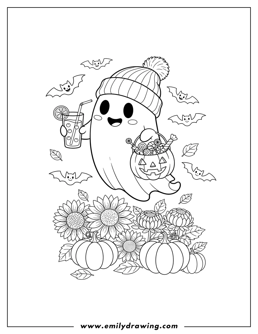 Full page coloring image of cartoon Ghost wearing a knitted beanie hat, holding lemonade and a jack-o'-lantern pail filled with treats, surrounded by flowers and flying bats, in a fall setting