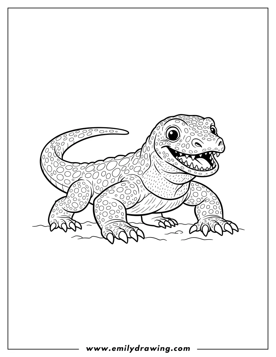 Free to print drawing of cartoon Komodo Dragon crawling with sharp teeth