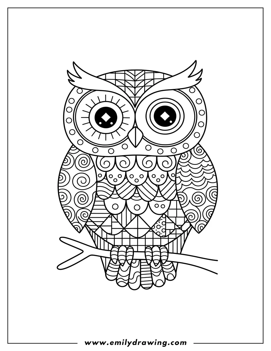 PDF style coloring page: cartoon Owl Mosaic with patterned feathers and eyes