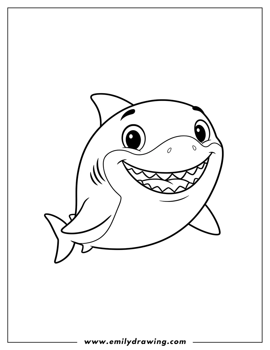 Black and white line art of cartoon Smiling Daddy Shark with big eyes and wide toothy smile