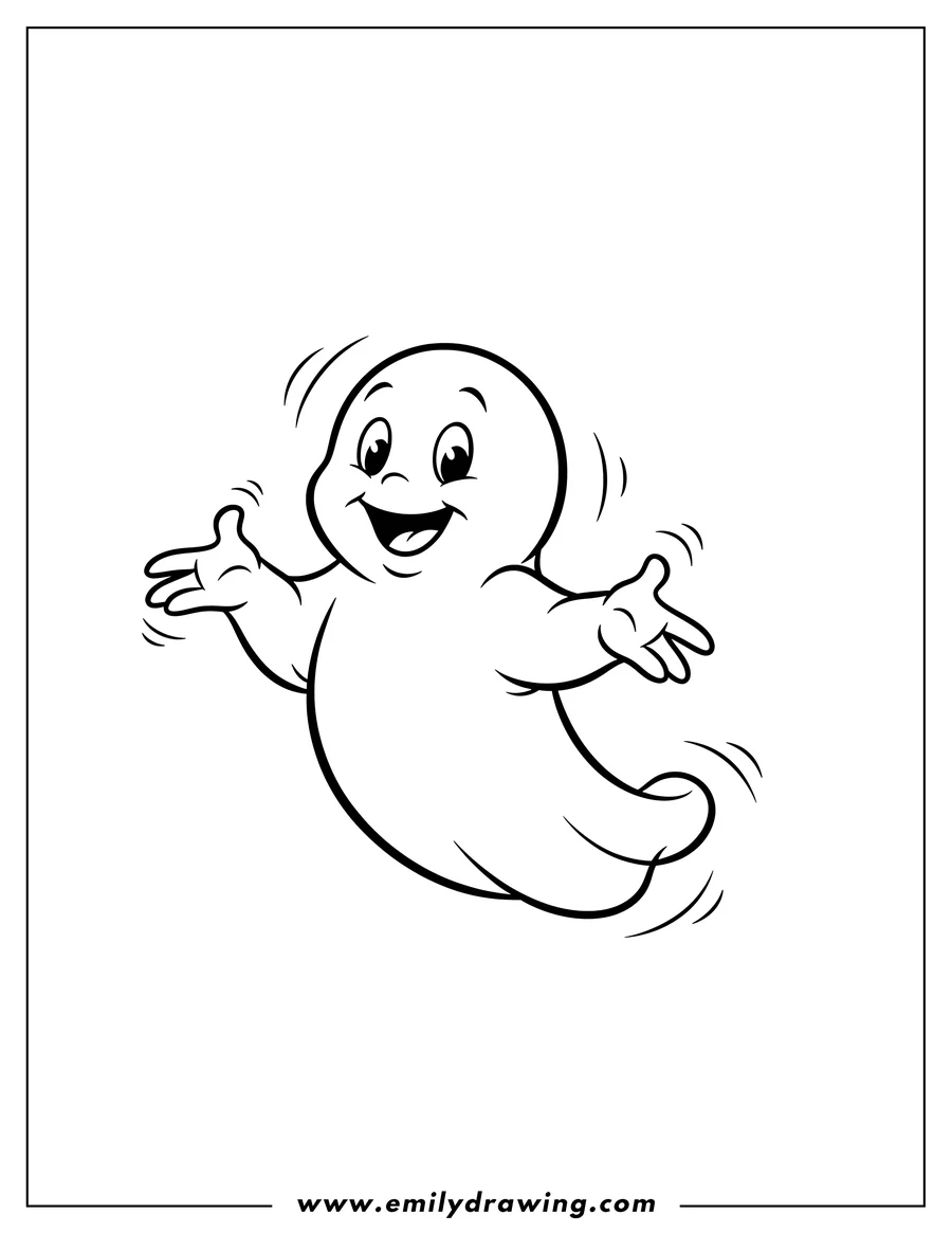 Outline drawing of casper Friendly Ghost standing, smiling, and gesturing