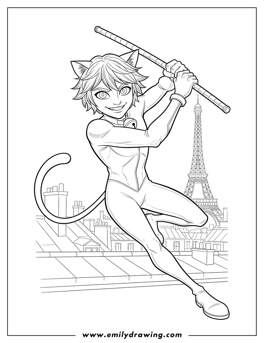 High quality printable cat Noir Fighting Using Staff in a dynamic pose, holding his staff horizontally, smiling for coloring