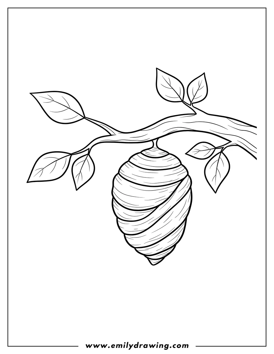 Printable line art of caterpillar Cocoon hanging from a tree branch