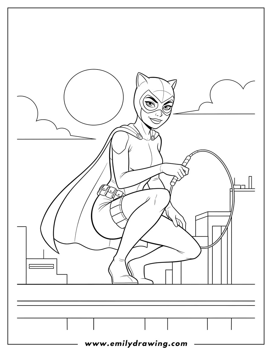 Simple sketch of catwoman Superhero crouching to color