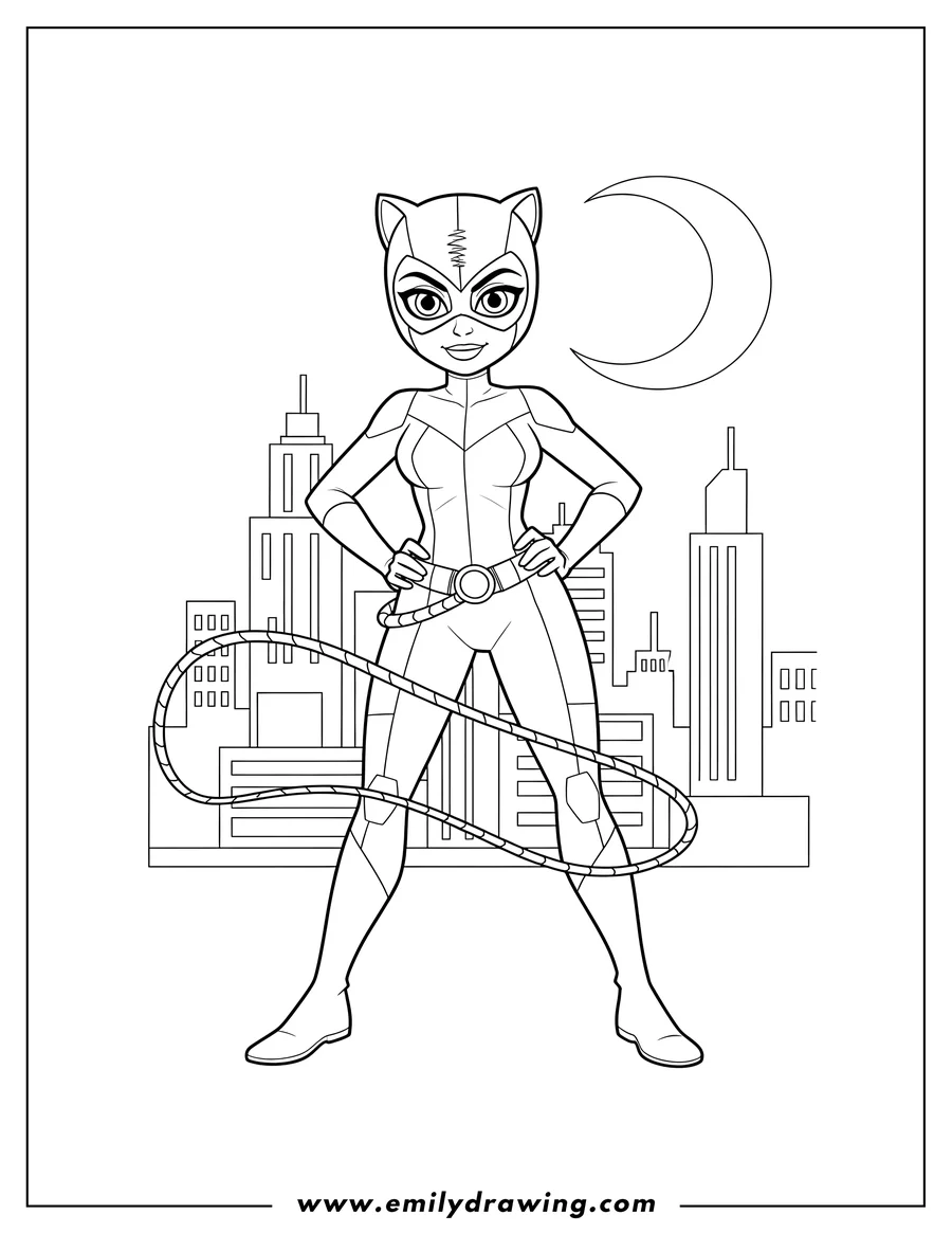 Doodle style coloring picture of catwoman wearing a mask, standing, and holding a whip wrapped around her body