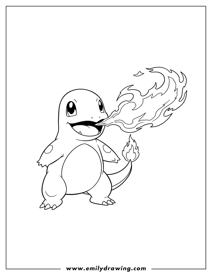 High quality printable charmander standing with an open mouth, breathing a stream of fire for coloring