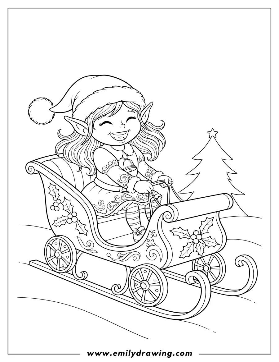 High quality printable charming Elf Girl Sitting Sleigh, wearing a Santa hat, smiling, and the sleigh decorated with holly for coloring