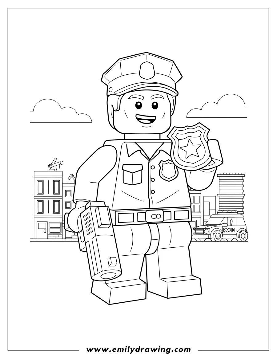 Doodle style coloring picture of chase Mccain From Lego City Undercover holding a gun and a police badge, smiling