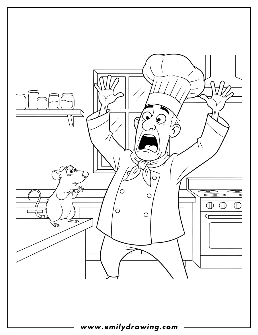 Printable coloring page of chef Skinner, shocked, seeing Ratatouille the rat standing on the kitchen counter