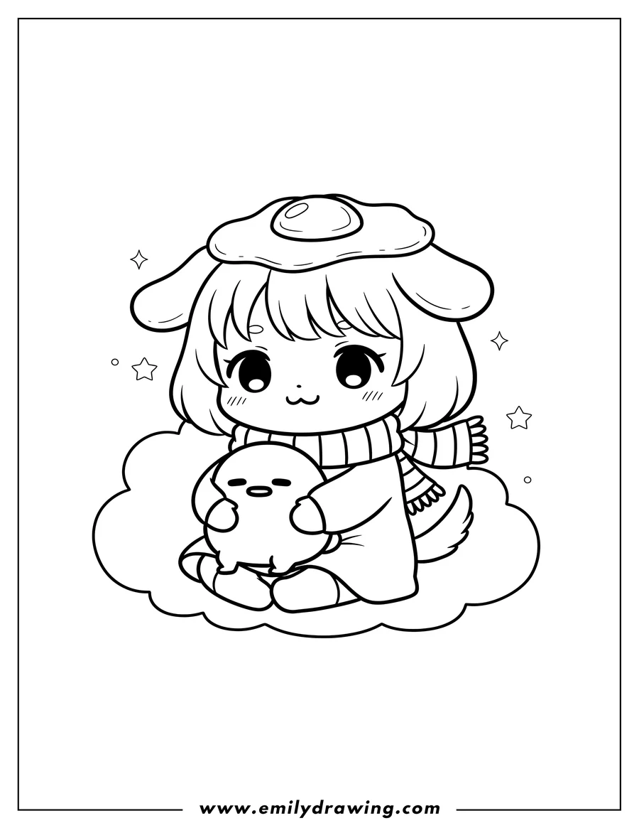 Downloadable coloring page of chibi Anime Dog Girl sitting, wearing a striped scarf and a fried egg on her head, hugging Gudetama