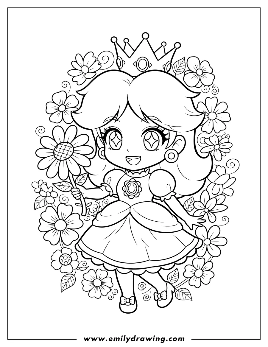 PDF style coloring page: chibi Anime Princess Daisy smiling, holding a flower, and surrounded by blossoms