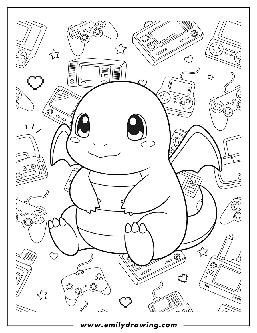 Printable line art of chibi Dragonite sitting cutely with a gaming consoles background